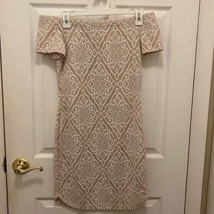 White and Beige off the shoulder dress. Size S.